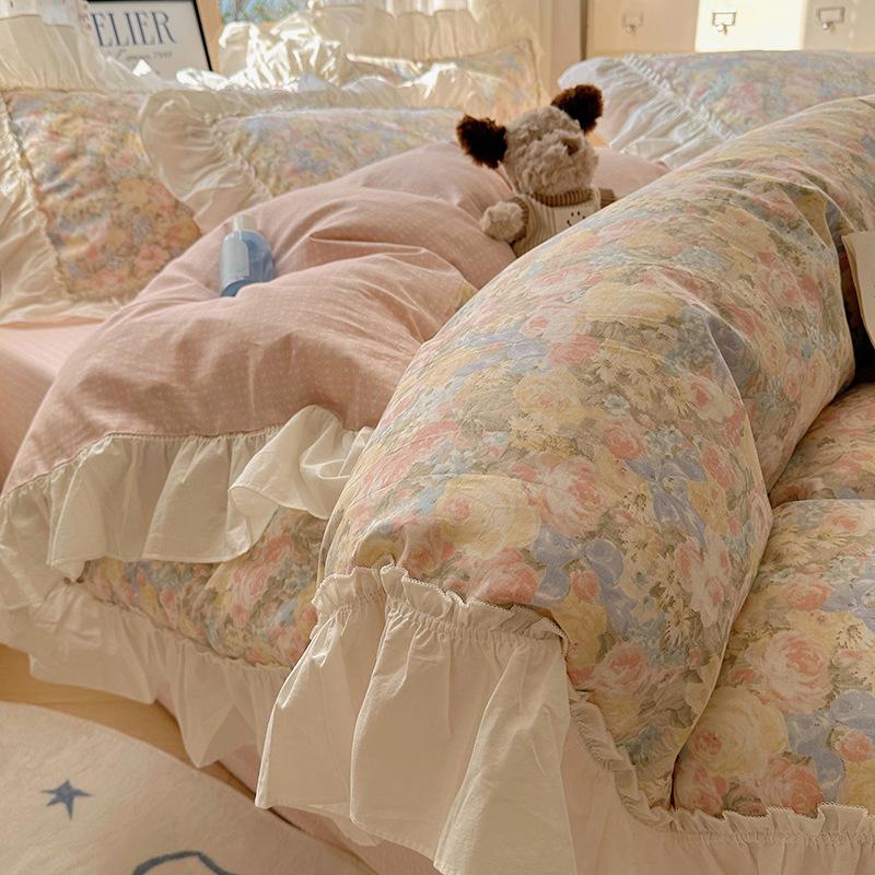 

French floral cotton skin-friendly 4pcs set, bed quilt cover, dormitory Korean version lace three-piece set 1.8m Sheet 4pc quilt 200 * 230