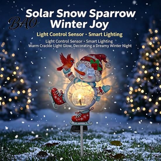 Automatic Solar Powered Lights Christmas Snowman Bird Garden Light, Waterproof Outdoor Stake Lamp with Crackle Glass Decorative Patio Illuminations