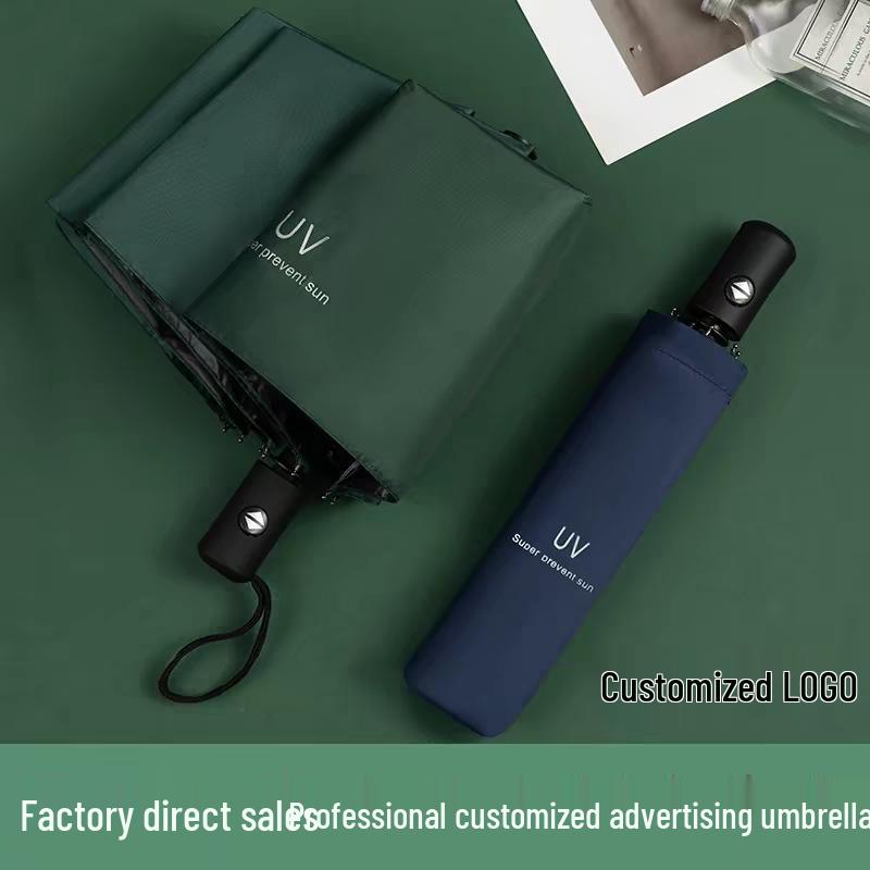 Fully Automatic Dual-Use Folding Umbrella with Logo - Sun & UV Protection, Black Glue Sunshade for Sunny/Rainy Days.