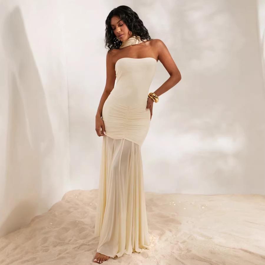 

2026 European Strapless Patchwork Backless Slim Fit Long Dress Small абрикосовый