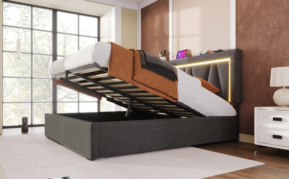 (=ABMA434142G)Upholstered Double Bed, USB Type C Charging, LED Lighting, Linen Storage Bed Frame, Youth Bed 160x200, Slatted Frame (With Mattress)