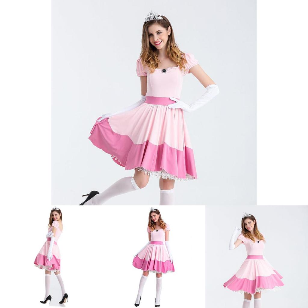 Elegant Super Mario Pink Princess Peach Costume Dress With Crown And Gloves Set