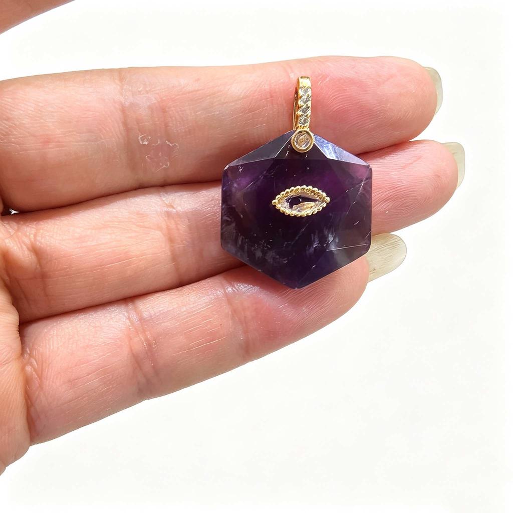 1pc Faceted Geometric Natural Stone Pendants with Inlaid Zircon Charms for Necklace Amethyst Pink Crystal Jewelry Making