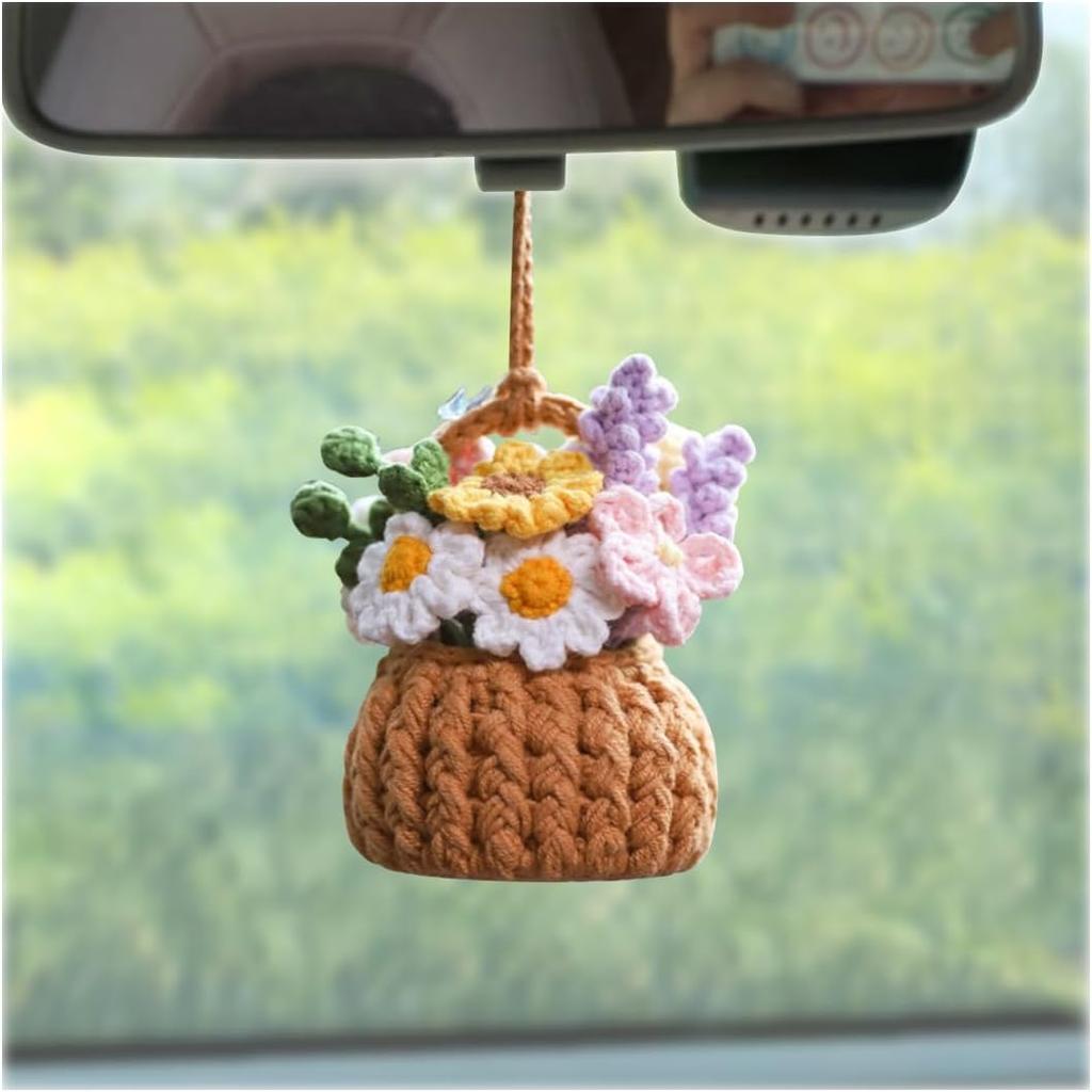 Zipelo Car Rear View Mirror Accessories, Crochet Cute Potted Plants Hanging Handmade Knitted Decor for Women Men, Woven Cute Charms Ornament Pendant,