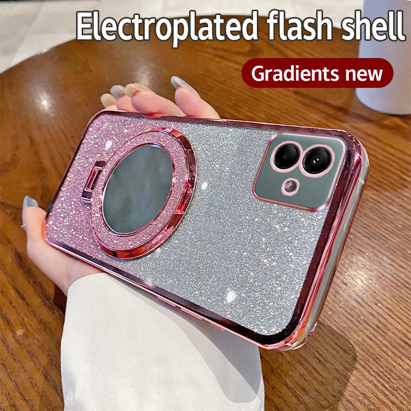 For Samsung A04 Luxury Electroplated Glitter Mirror Phone Case For Samsung Galaxy A04S Shockproof Magnetic Stand Cover A04E Case