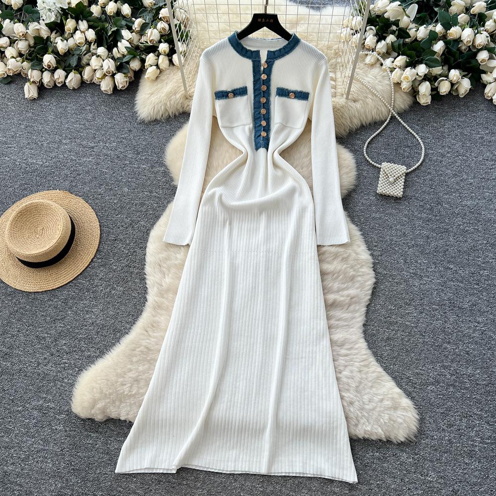 French Foreign Style Fashionable Small Fragrant Style Contrasting Colors Metal Buckle Round Neck Long Sleeve Waist Knitted Dress Women's Sweater Dress
