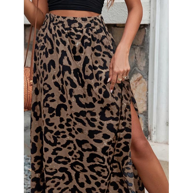 High-Waisted Leopard Print Slit Skirt