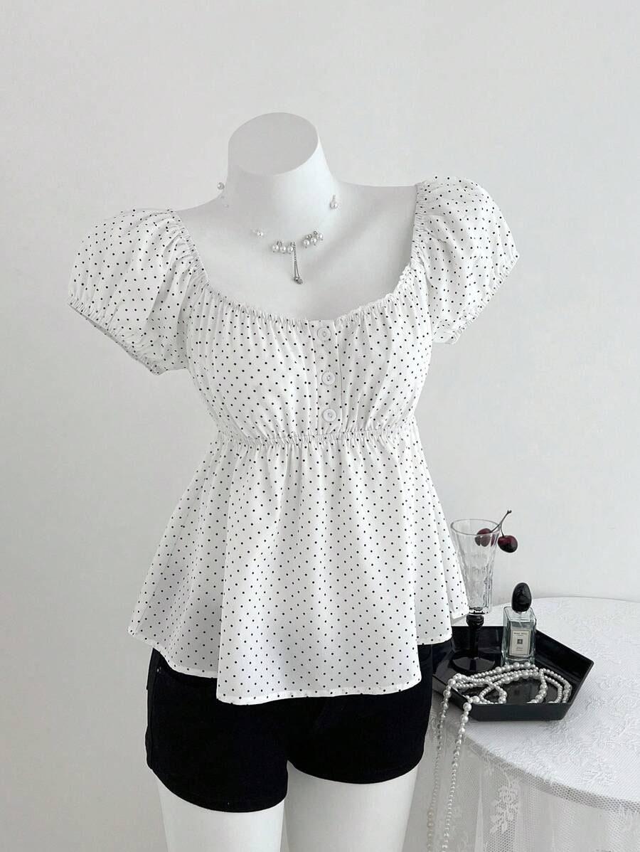 2026 European Summer Polka Dot Puff Sleeve Women s Top with French Square Neck S