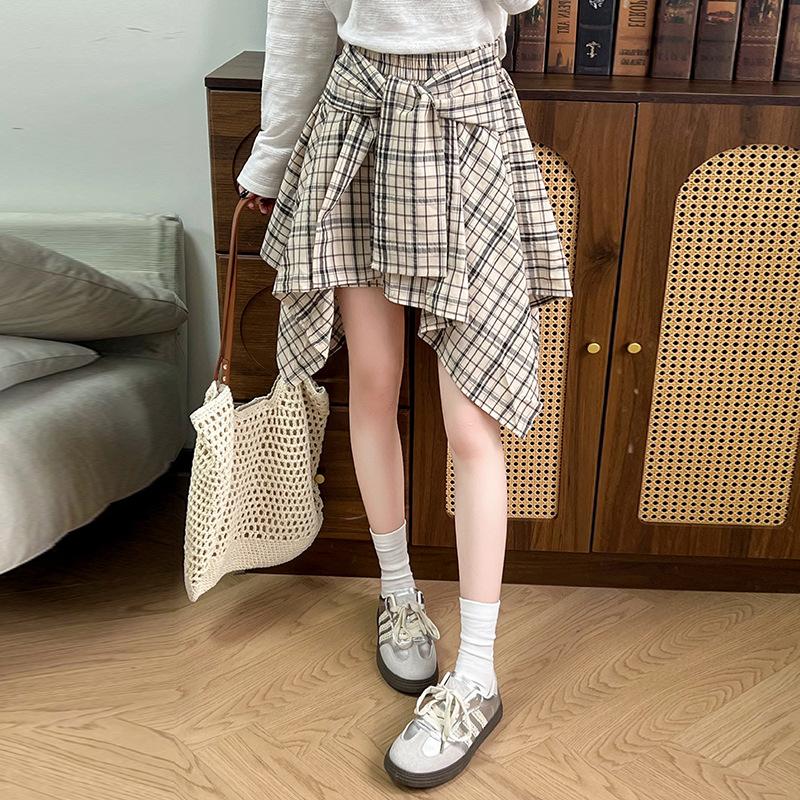 Women s High Waist Skirt Irregular A Line Mini Skirt Plaid Print Faux Two Piece Tie Wrap Casual Skort S