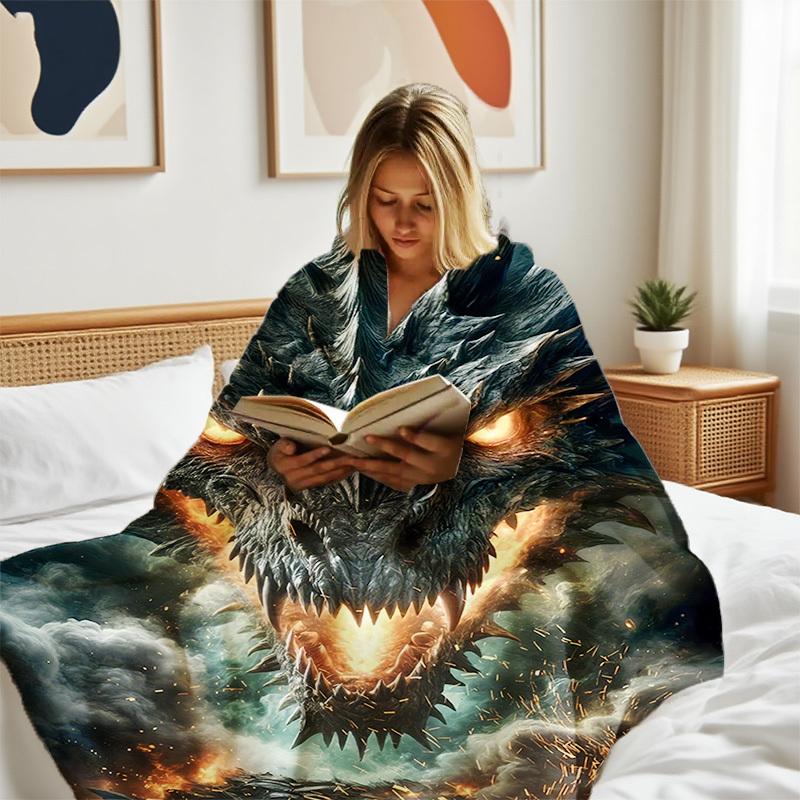 1Pc Autumn Winter New Blanket - Smaug Flame Dragon Print, Lightweight & Durable Polyester, All-Season Comfort For Sofa, Bed