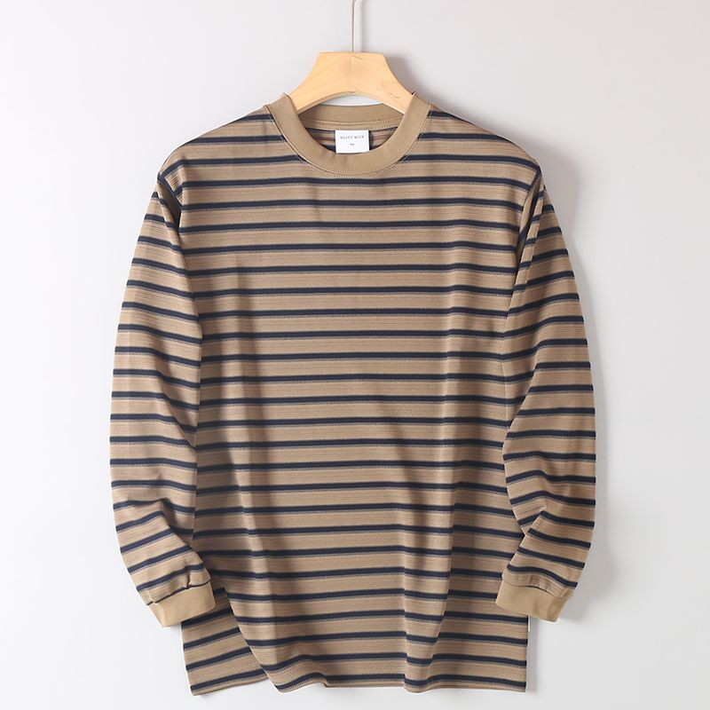 Foreign Trade Export Cut-Label Surplus Double-Sided Yarn-Dyed Striped Long-Sleeve T-Shirt for Men, Autumn Loose Casual Round-Neck Base Shirt
