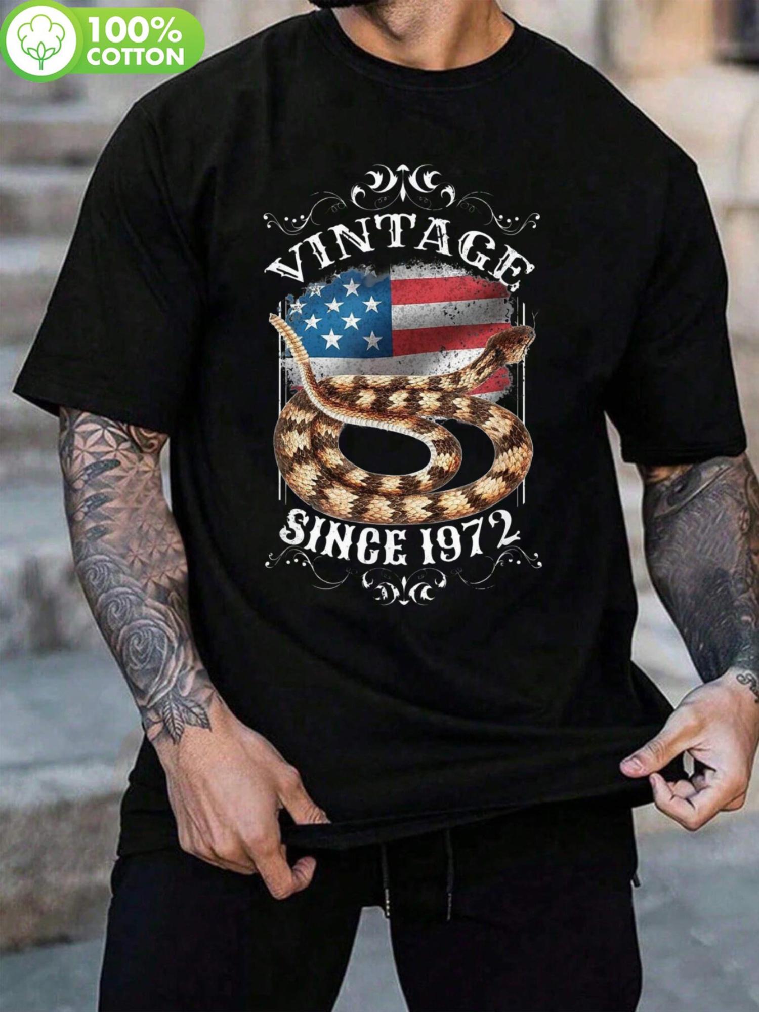 Vintage 1972 American Flag & Snake Graphic T-shirt - 180GSM 100% Cotton Retro Patriotic Design XXL