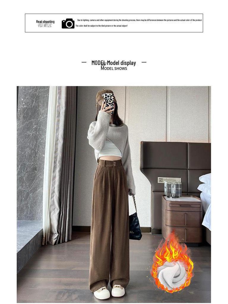 Pantalones Gruesos de Felpa de Algodón Europeo de Cintura Alta Pierna Ancha para Mujer para Primavera, Otoño, Invierno