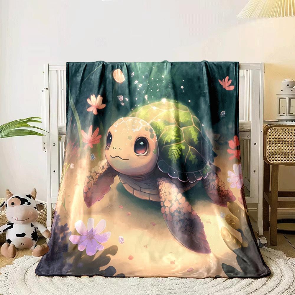A cute turtle with a leaf-patterned shell surrounded by flowers and bubbles. for all seasons blanket lunch break throw gift 80cm x 120cm