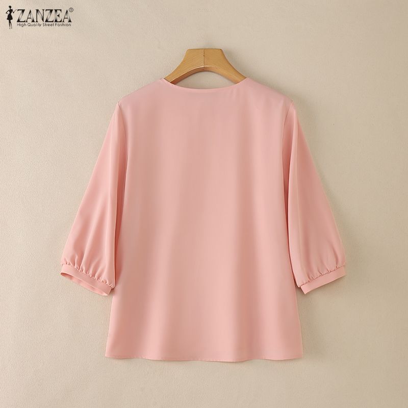 ZANZEA Women Casual V-Neck Solid Color 3/4 Sleeve Blouse