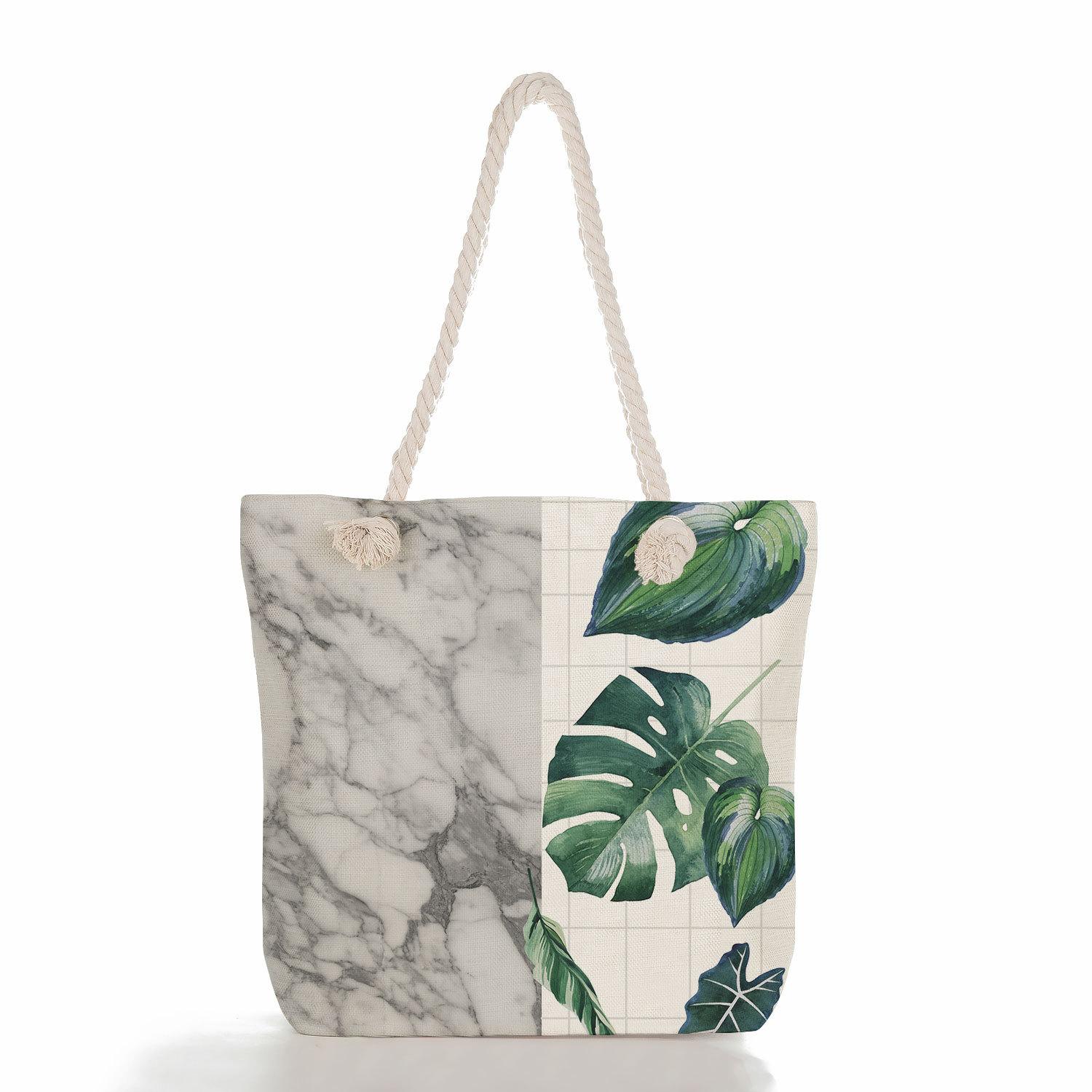 

Marble green leaves print thick rope single-shoulder beach bag 7273 KTB