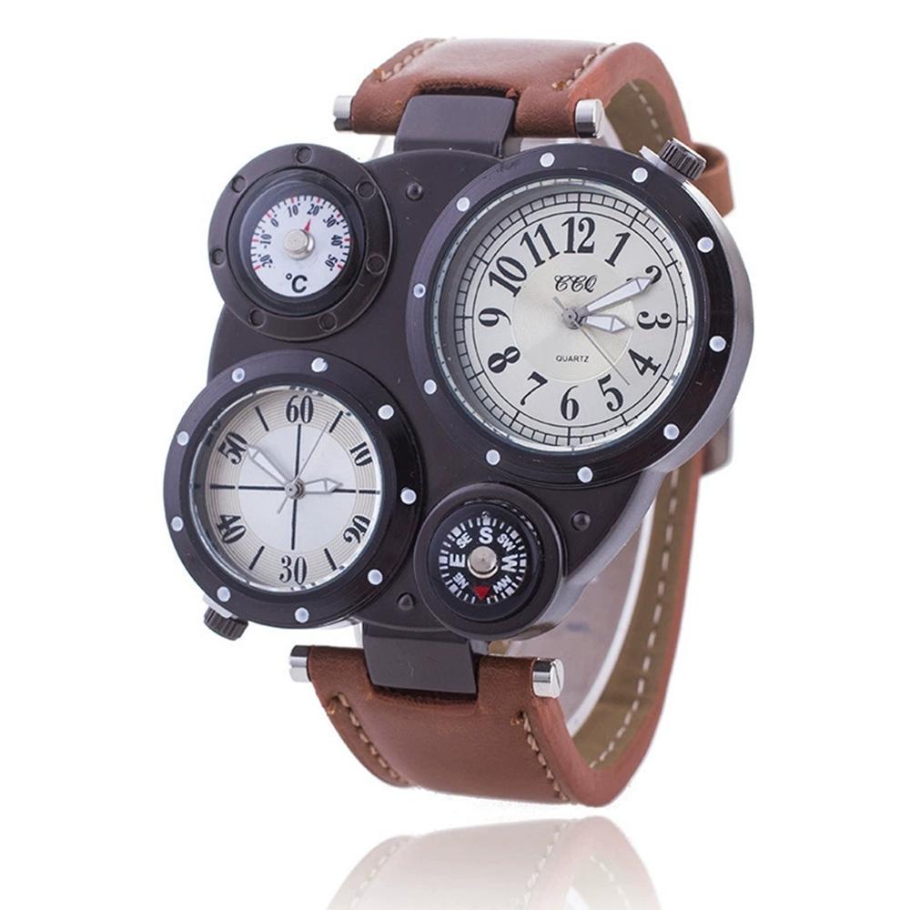 Trendy Fashion Men Leather Watch Vintage Double Dial Large Men Quartz Wristwatch Business Banquet Decoration Watches Learn Clock
