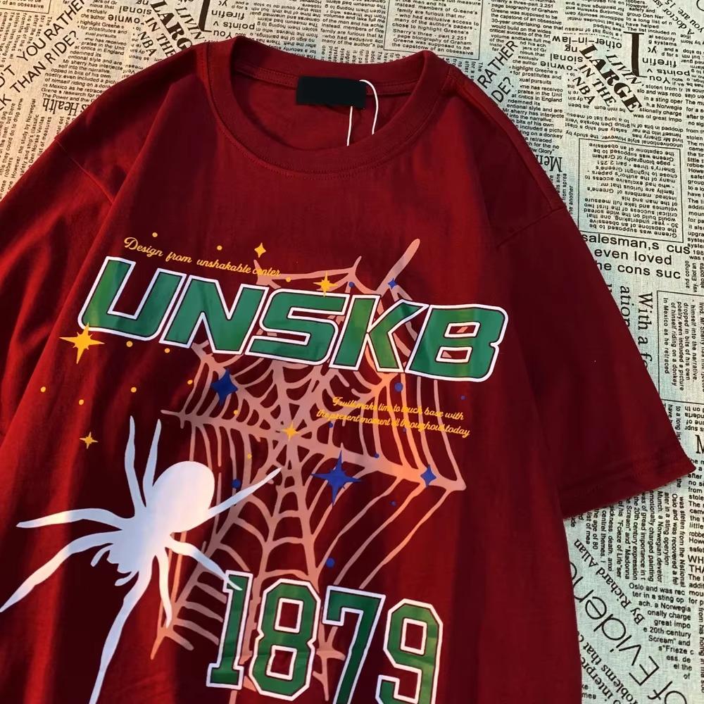 Knitted Love American Retro Spider Print Short Sleeve T-shirt Men Women Trendy Cotton Loose Versatile Couple Tops T Shirt