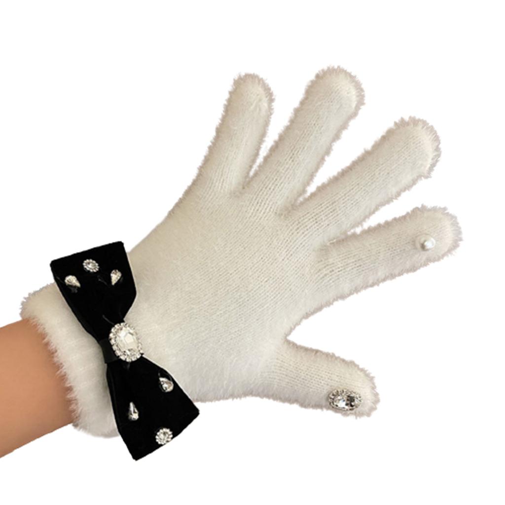 Rhinestone&Bowknot Decor Knitted Gloves Winter Full Finger Mitten Thicken Warm Christmas Black/ White Gloves for Girls