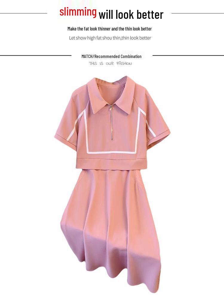Plus Size Stylish Two-Piece Look Polo Dress - Summer Casual Short Sleeve Slimming Skirt