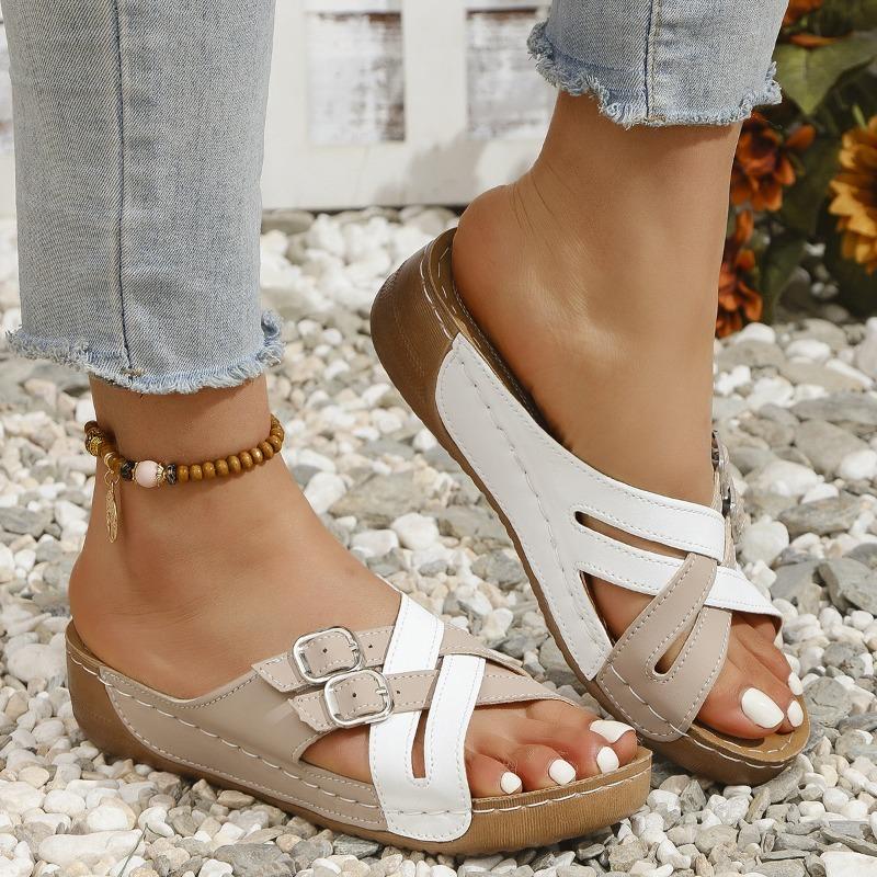 Large Size Flat Bottomed Slope and Casual Slippers with Intersecting Fine Straps, Solid Color, Exposed Toes, Fish Mouth Slippers