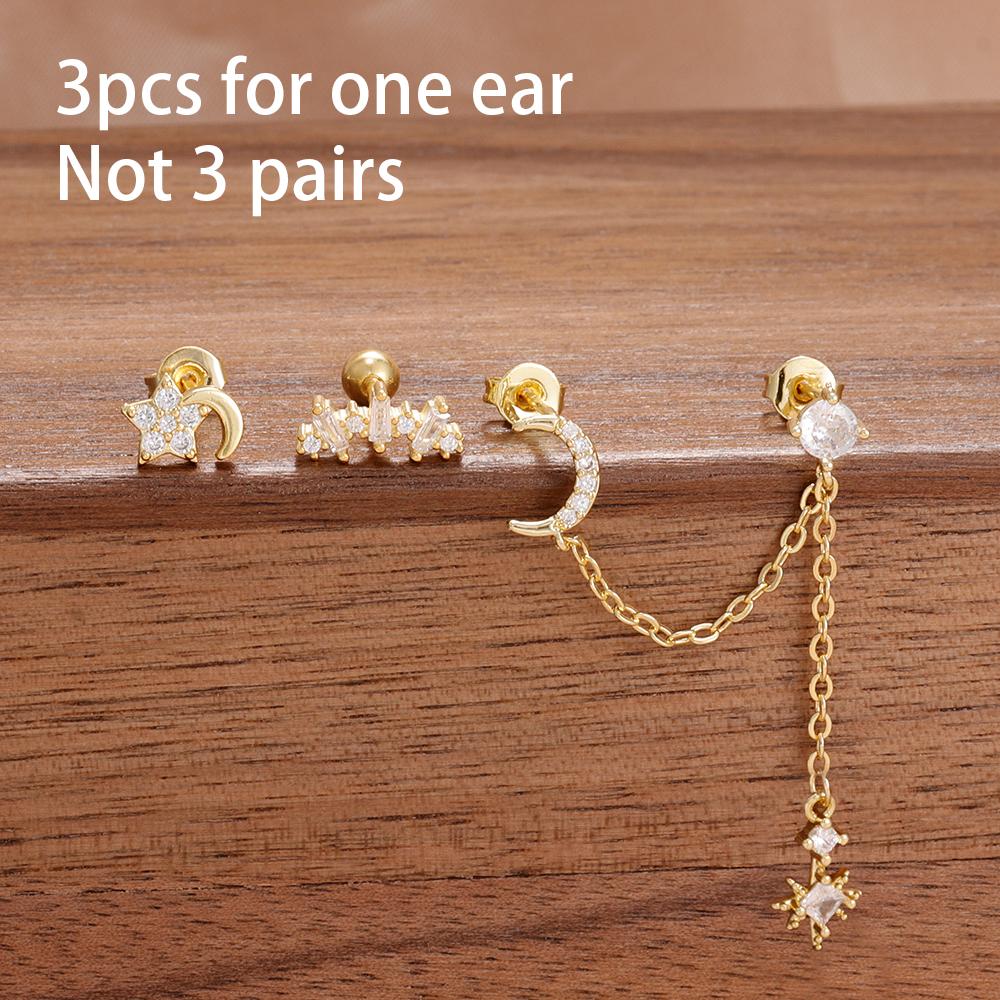 New Arrival 3PCS Stainless Steel Fashion Tassel Chain Stud Piercing Earrings Set For Women Zircon Wedding Party Jewelry Gifts