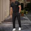 Men's Summer Waffle Stand Collar Two-Piece Set: Color Block Short Sleeve Shirt & Long Pants