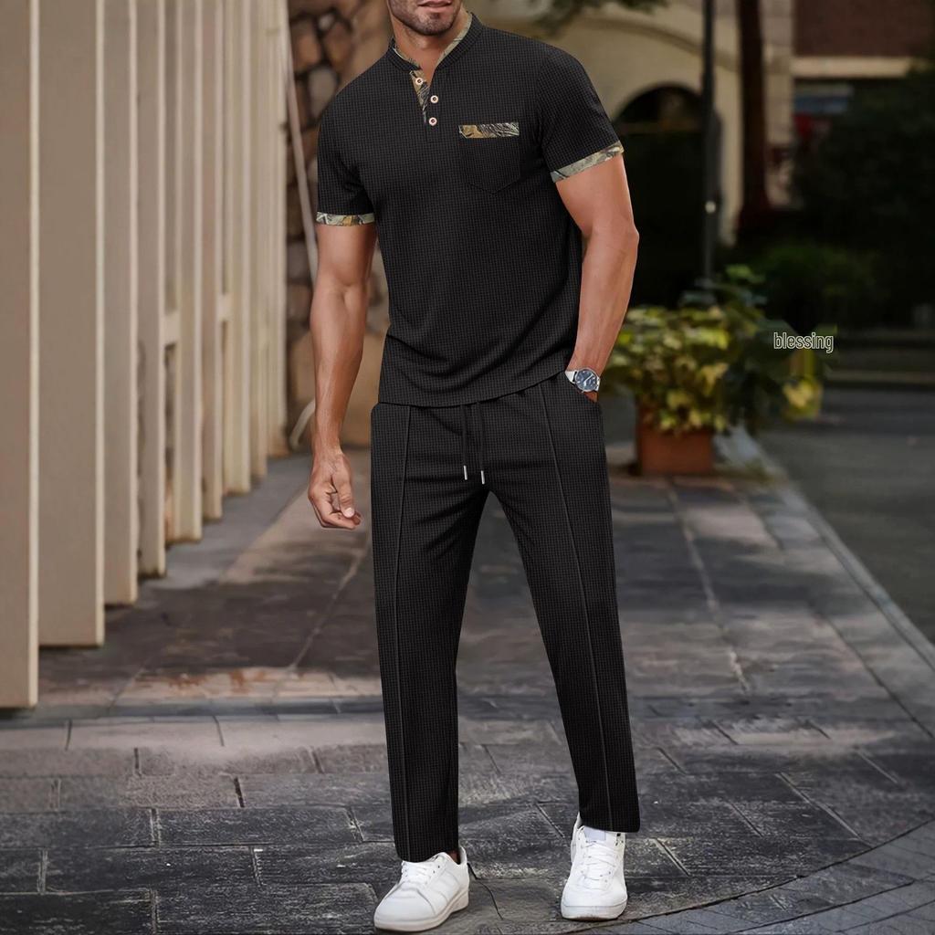 Men's Summer Waffle Stand Collar Two-Piece Set: Color Block Short Sleeve Shirt & Long Pants