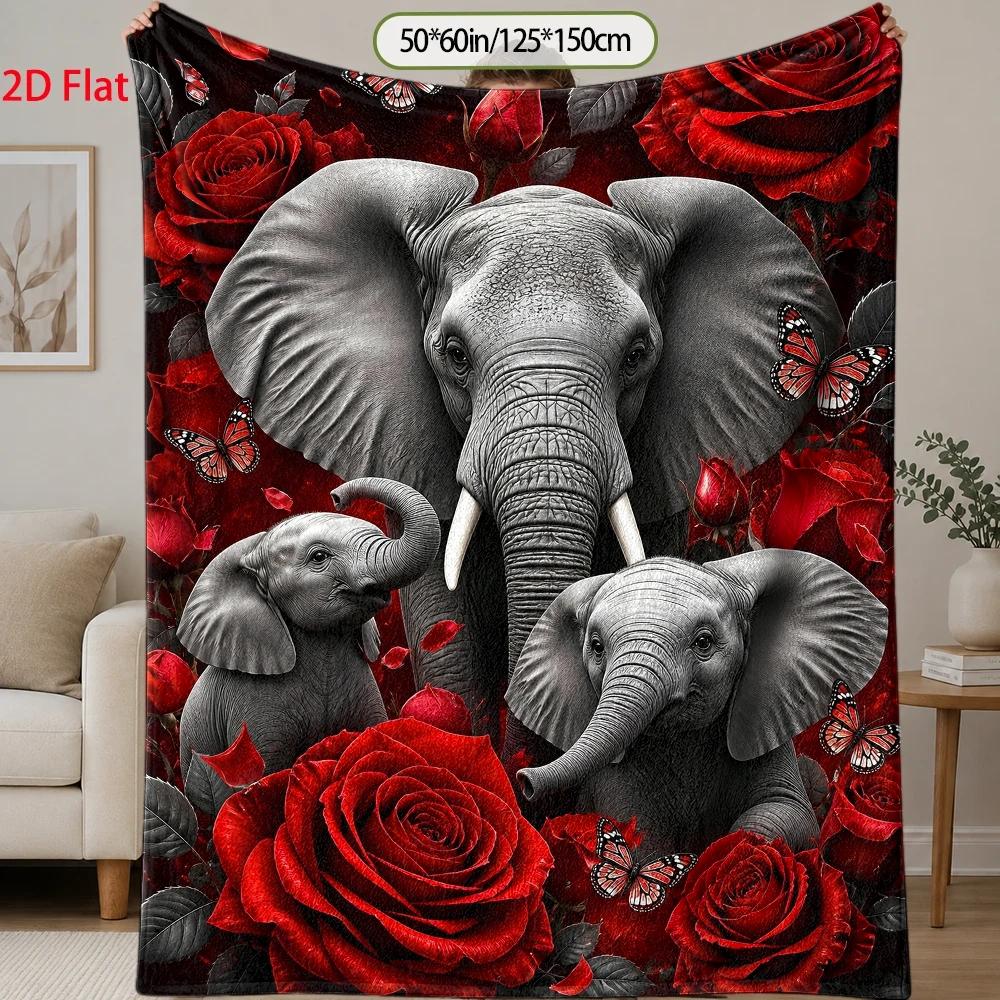 1pc, 2D Flat, Flannel Blanket with Monochrome Elephant Family And Crimson Rose Pattern, Flannel Blanket with Gothic Art Elephants Amidst Blooming Rose