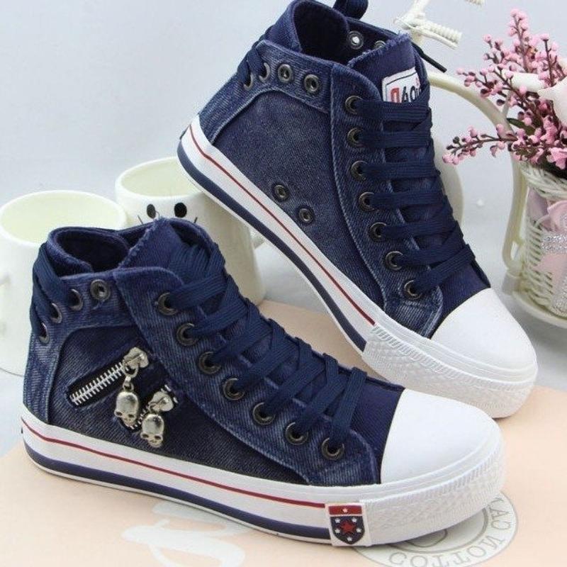 Scarpe alte in tela di jeans versione coreana da donna scarpe casual primavera e autunno nuove retrò taglie grandi scarpe da skate cerniera