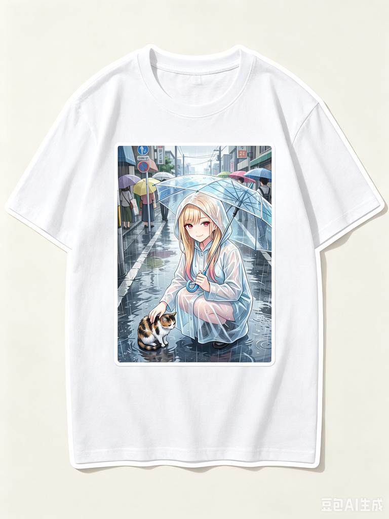 2026 New Unisex Crew Neck Casual Short Sleeve Rainy Street Cat Petting Marin Kitagawa Anime Print Comfortable Tshirt