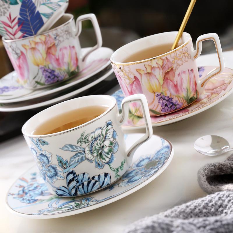 European Luxury Pastoral Ceramic Coffee Cup Set French Elegant Tea Cups Gold-plated Ceramic Latte Ceramic Flower Coffee Mug