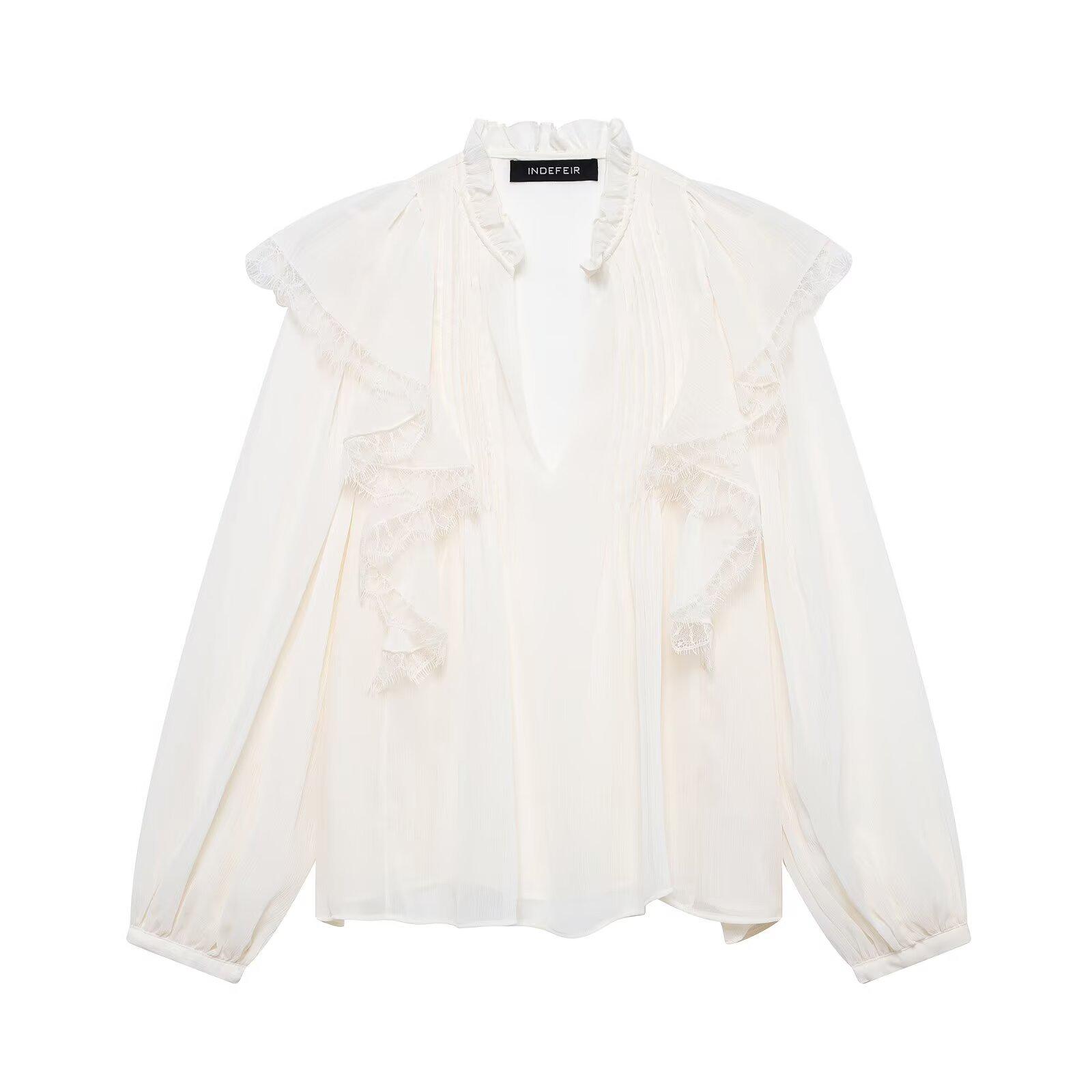 

TAOP&ZA Женская элегантная рубашка с кружевными слоями, V-образным вырезом и длинными рукавами - Весна/Лето S