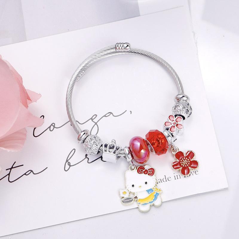 Delicate Five-Petal Flower Pendant Stainless Steel Beaded Bangle Bracelet For Women