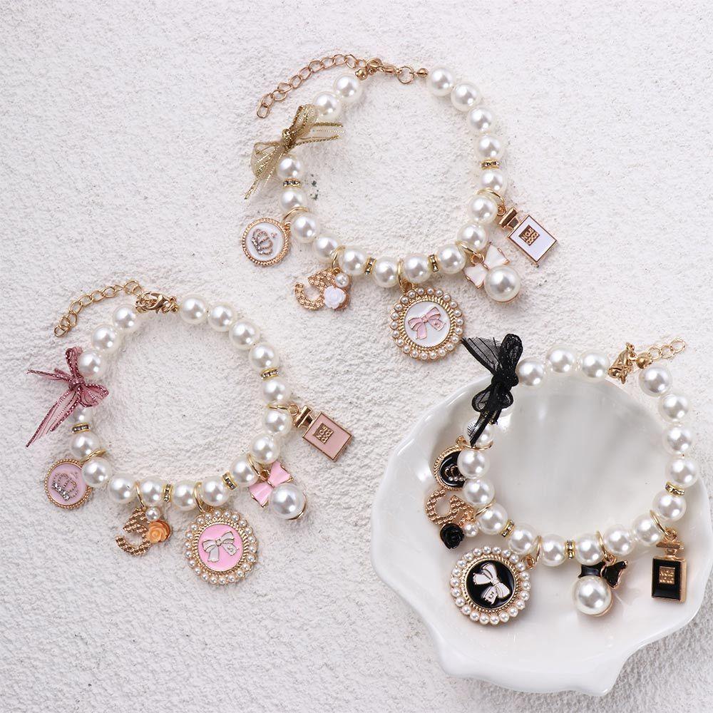 Pink Sweet Rhinestone Dog Chain Princess Pearl Necklace Cat Jewelry Pet Collars Bow Collar