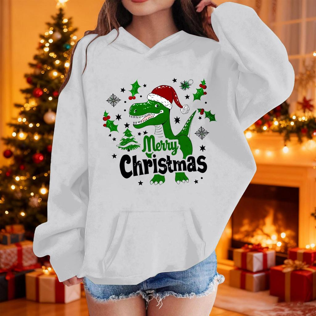 Girls Long Sleeve Christmas Print Hooded Sweatshirt Casual Comfortable Top for Holiday