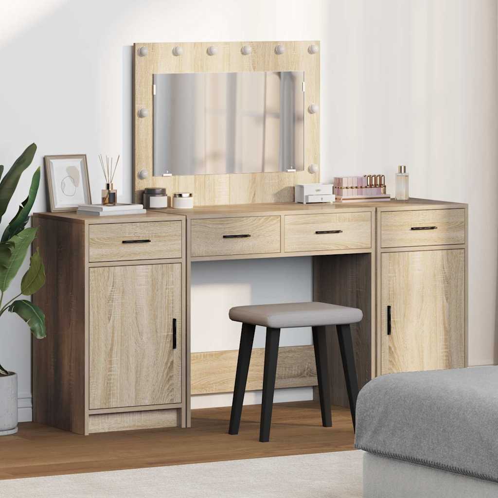 Makeup Table with Mirror Lighting 3 pcs Brown Particleboard
