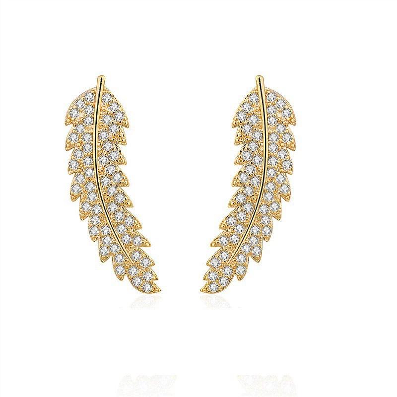 Zircon Feather Ear Stud Shiny Fashion Simulation Diamond Leaves Earrings Women Weeding Party Jewelry