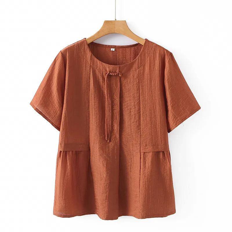 Middle-aged Mother Summer Wear Fashionable National Style Short-sleeved T-shirt New Loose Shirt XL красный