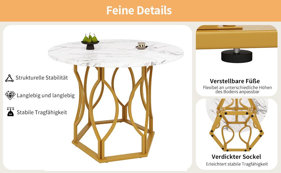 Esstischset (5-teilig), runder Esstisch mit 100 cm Durchmesser und goldenen Metallbeinen, weiße MDF-Tischplatte, Essstühle aus dunkelgrünem Samt