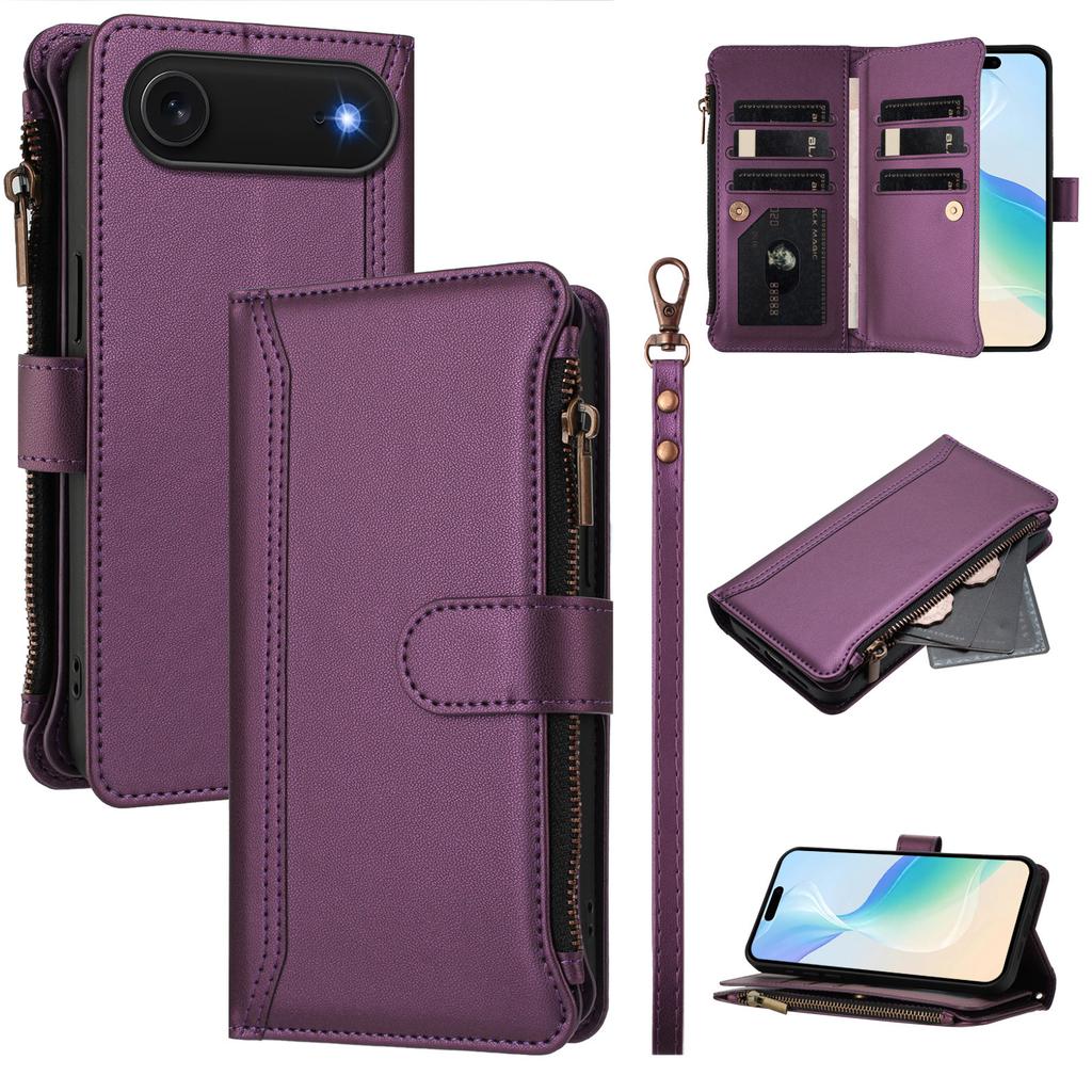 For iPhone 17 Air Leather Case 9 Card Slots Zipper Wallet Stand Phone Cover with Wrist Strap