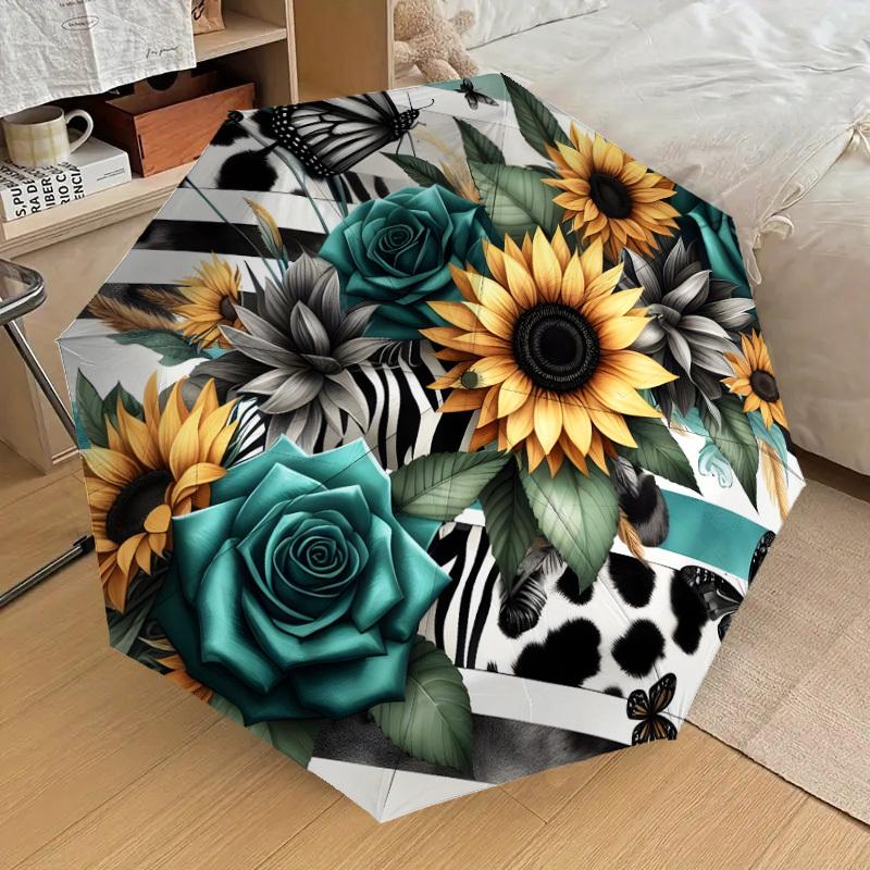 1pc Zebra Stripes and Floral Bouquet Umbrella with Plastic Handle,Suitable for All Seasons Home Travel Outdoor UmbrellaDD1402