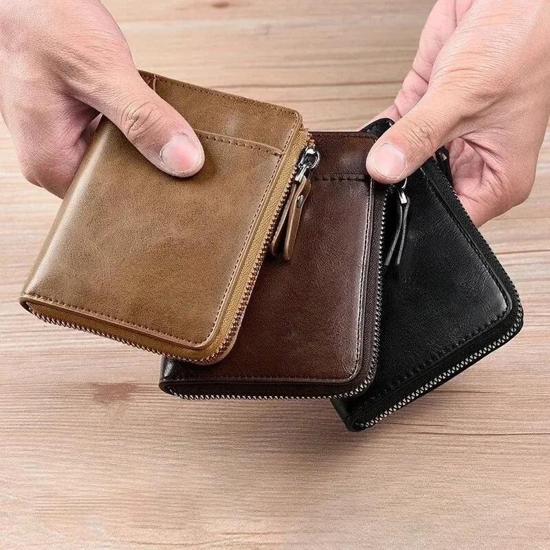 Men's Vintage Oil Wax Leather Zipper Wallet RFID Blocking Short Purse Multi Card Holder Business Casual Coin Pocket Credit Card Wallet for Men