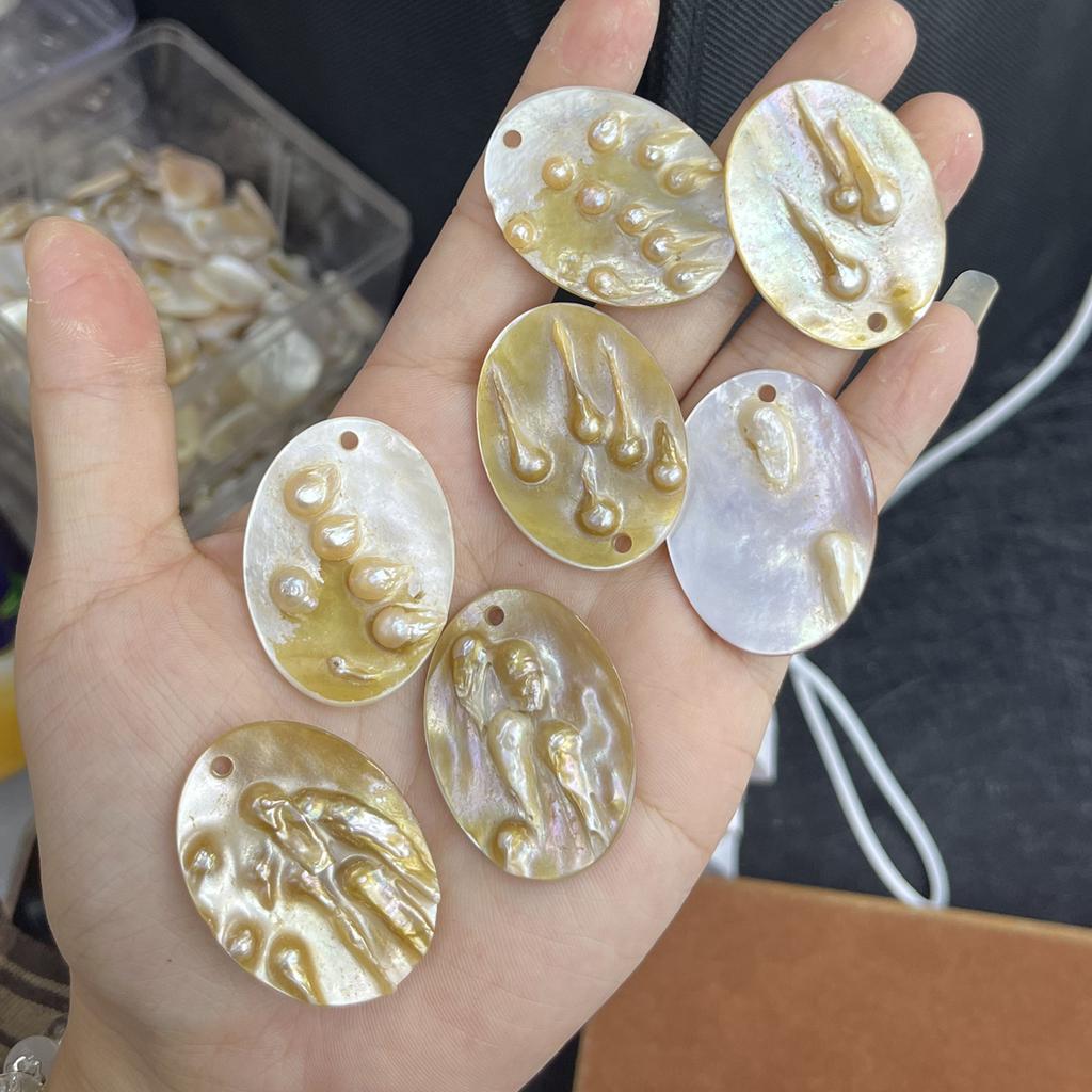 3Pcs, Natural Shell Mother of Pearl Beads with Holes, Boho Handcrafted Oval Loose Beads, 28×38mm, for DIY Necklace, Jewellery Making, Festive Crafts