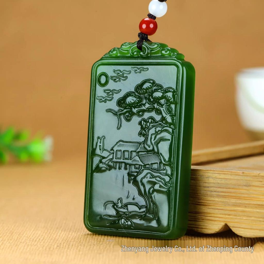 Imitation Hetian Jade Spinach Green Landscape Jade Plaque