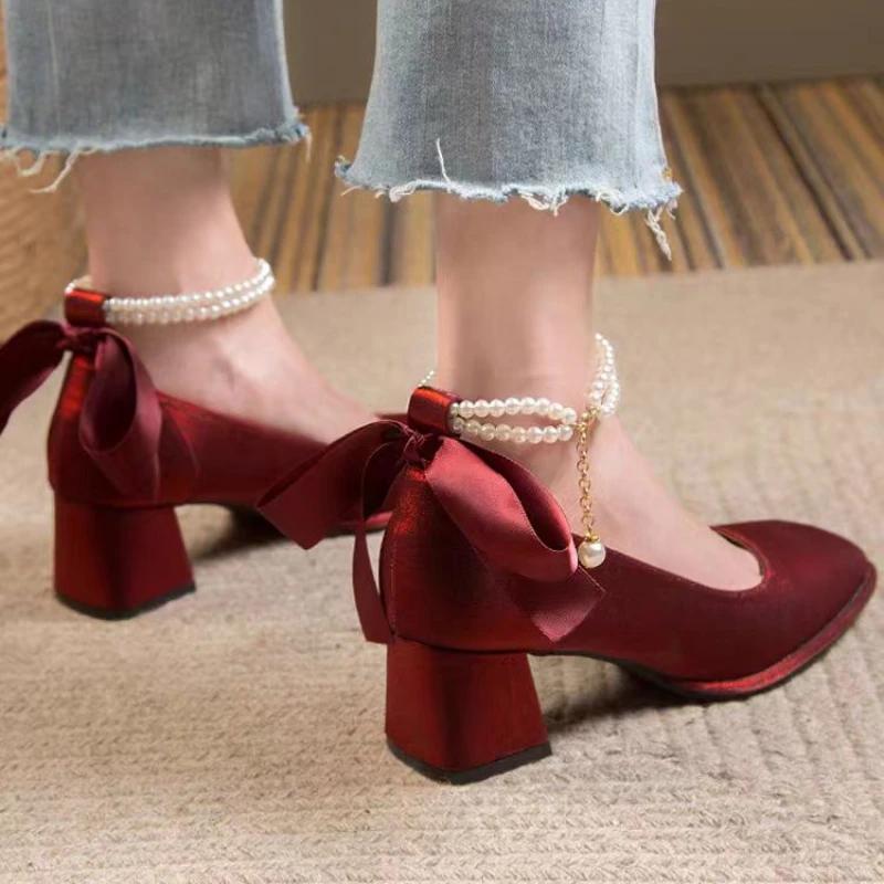 Fashion 2024 New Women High Heels Mary Jane Comfort Shoes Party Wedding White Red Ruffles Bow Princess Lolita Pumps Size 35-40