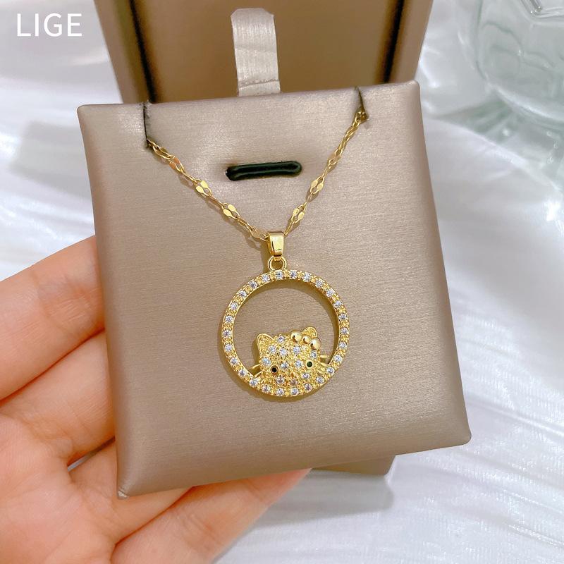 Ring Cat Light Luxury Temperament Gorgeous Full Diamond Necklace Female Versatile Collarbone Chain Titanium Steel Chain