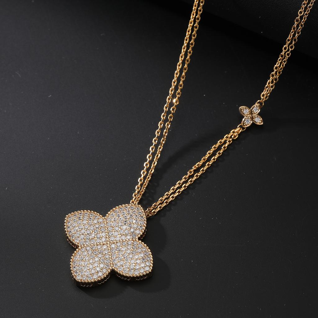 Gold Plated Iced Out Four Leaf Clover Necklace Earrings Set for Women, Luxury Full Pave CZ Quatrefoil Pendant Statement Jewelry,