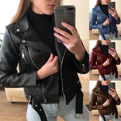 Women Cool Faux Leather Jacket Long Sleeve Zipper Fitted Coat Fall Short Jacket