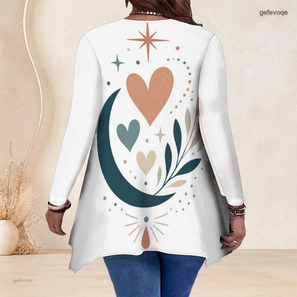 Women Plus Size V Neck Long Sleeve Motorcycle Printed Asymmetric Hem Tunic Top